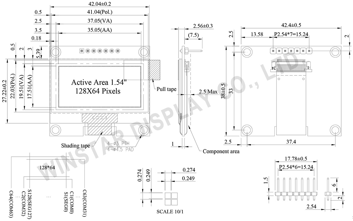 1.54 inch 128x64 COG OLED Graphic with PCB - WEA012864A