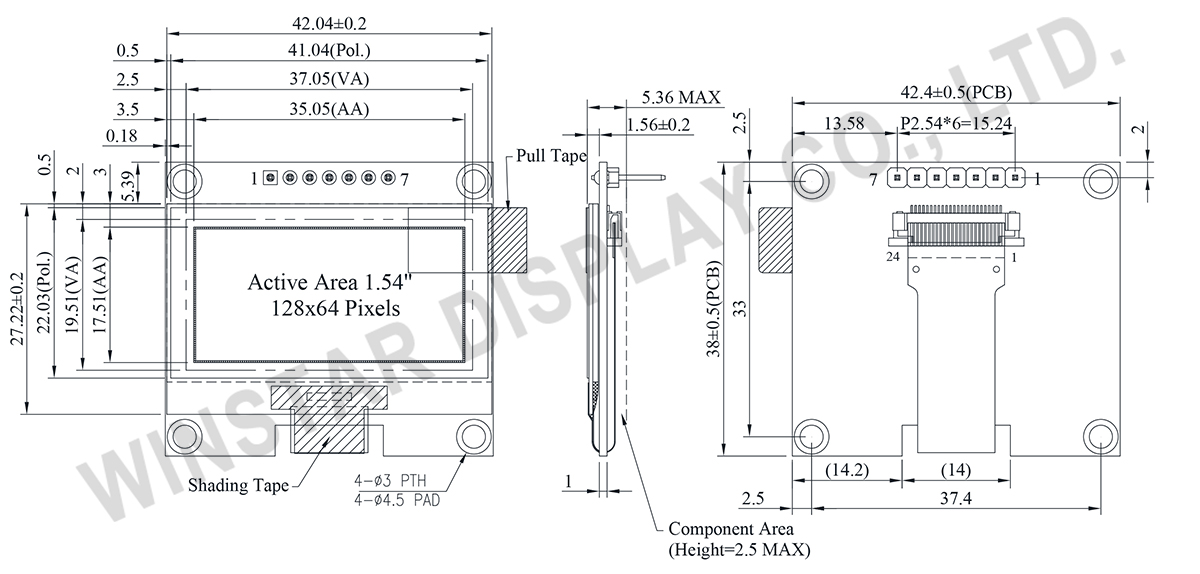 1.54 inch COG OLED Graphic 128x64 with PCB - WEA012864AE