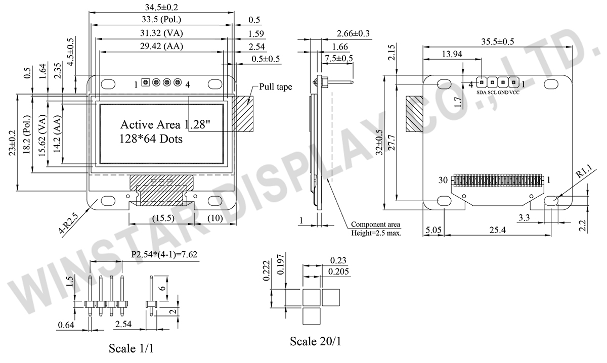 1.28 inch COG OLED Graphic 128x64 with PCB, supporting I2C interface - WEA012864L