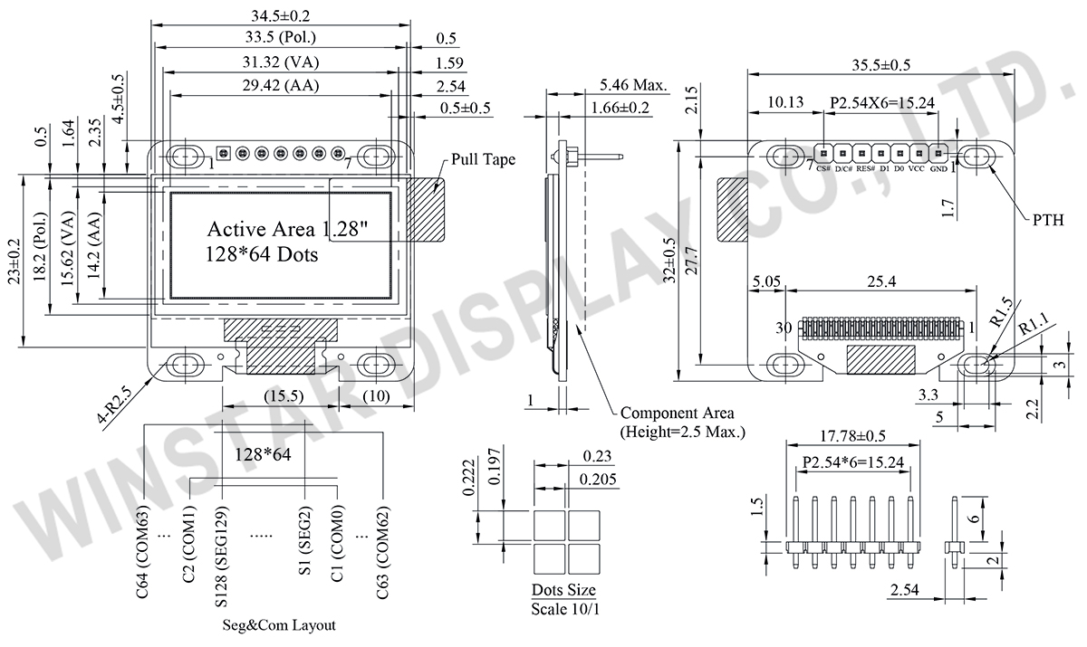 1.28" COG+PCB Passive Matrix OLED 128x64 - WEA012864L-SPI - Winstar