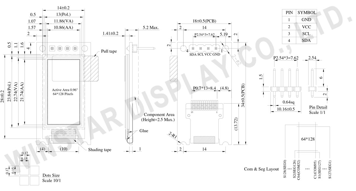 0.96 inch 64×128 COG OLED Graphic with PCB - WEA064128A