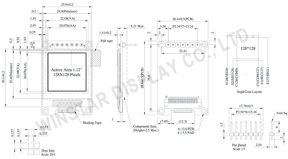 1.12 inch 128x128 Graphic OLED Module (COG+PCB Version) - WEA128128G