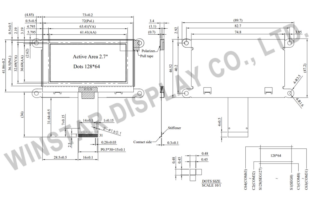 2.7 inch,128x64 COG Graphic OLED Display with Frame - WEF012864K