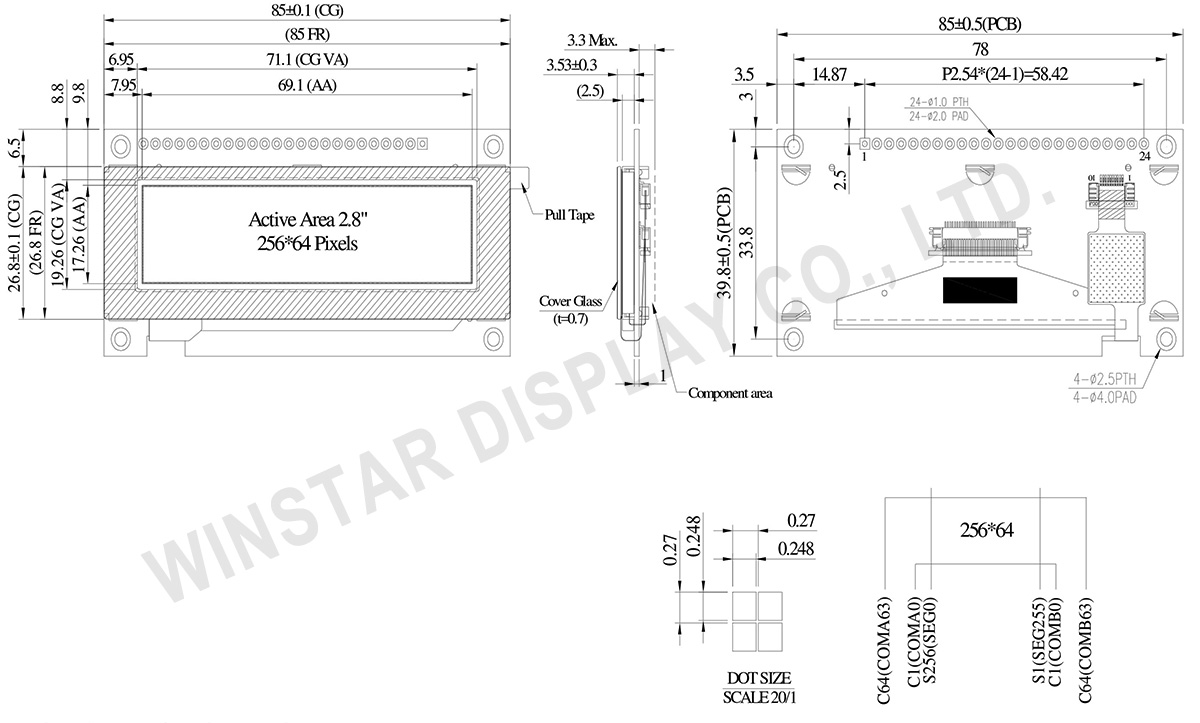 2.8 inch 256x64 OLED Display with Touch Panel Support Grayscale - WEN025664A-CTP