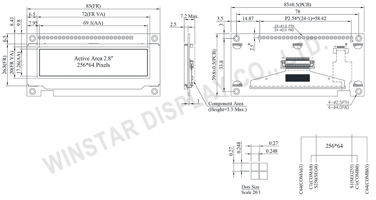 2.8-inch 256x64 COF OLED Display Support Grayscale with PCB and Frame - WEN025664A