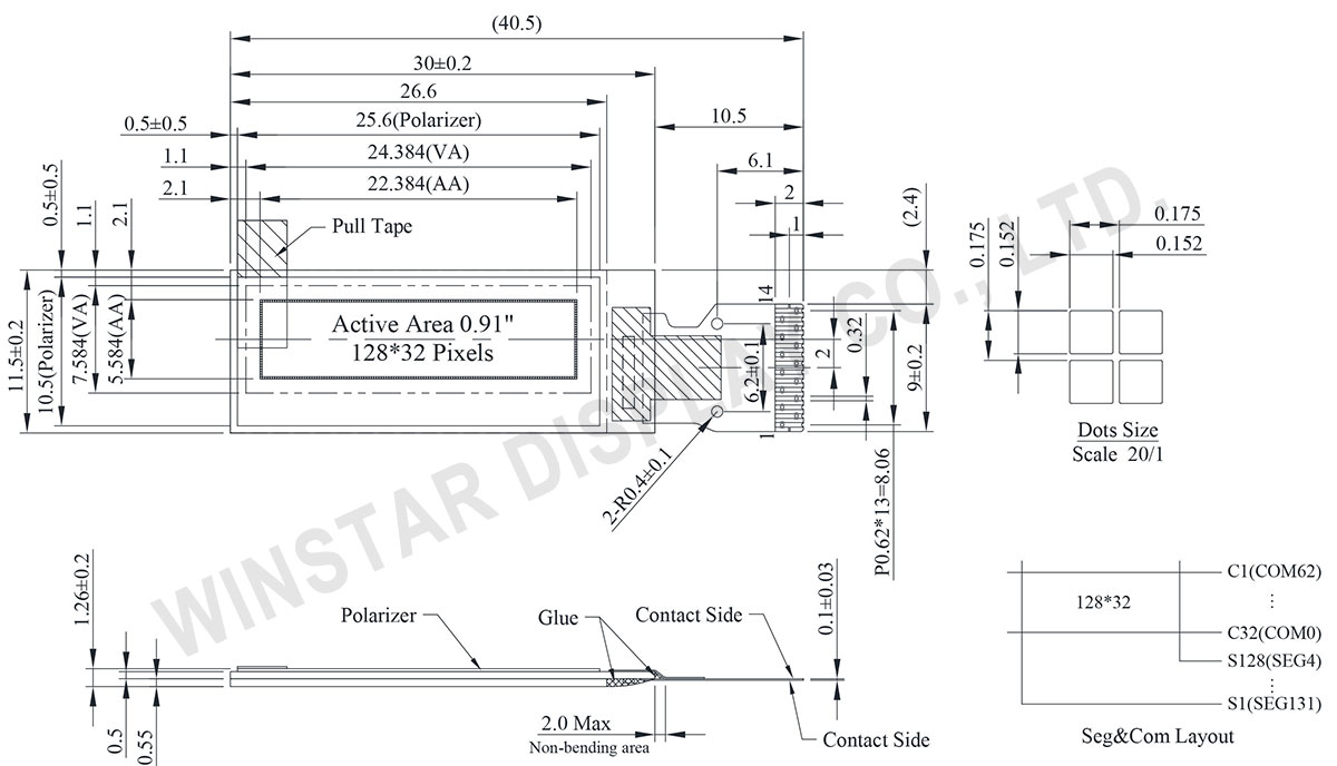 0.91 inch 128x32 Graphic COG OLED Display Module (SH1106) - WEO012832R