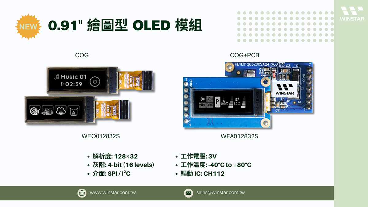 OLED顯示器 0.91 吋, 128x32 COG, CH1120, SPI/I2C介面 - WEO012832S + WEA012832S