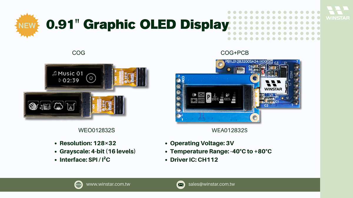 Affichage OLED 0.91 I2C avec PCB | OLED I2C, 128×32 COG, CH1120 - WEA012832S + WEO012832S 