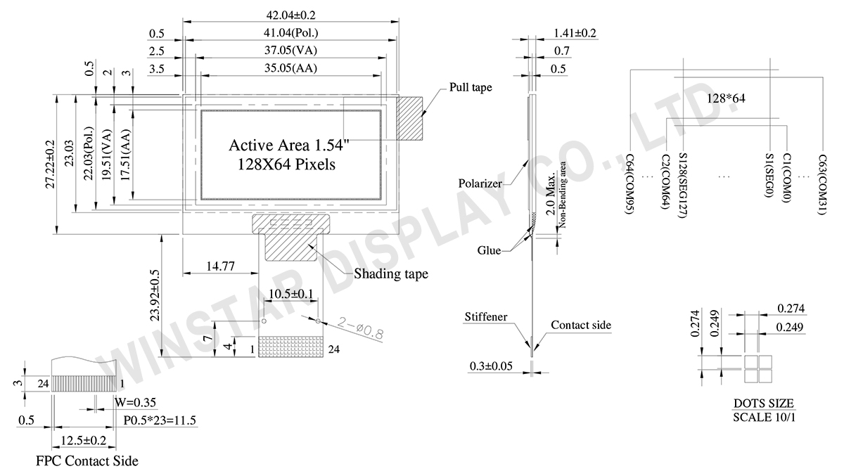 1.54 OLED SSD1327 Display, 128x64 COG SSD1327 OLED Support Grayscale - WEO012864AA