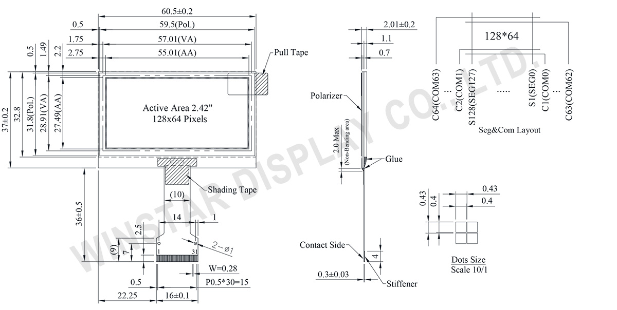 128x64 Graphic 2.42-inch COG OLED Display Module - WEO012864AL