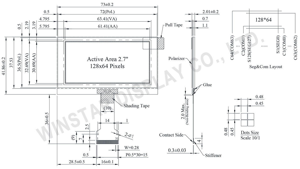 128x64 Graphic 2.7-inch COG OLED Display Module - WEO012864AM