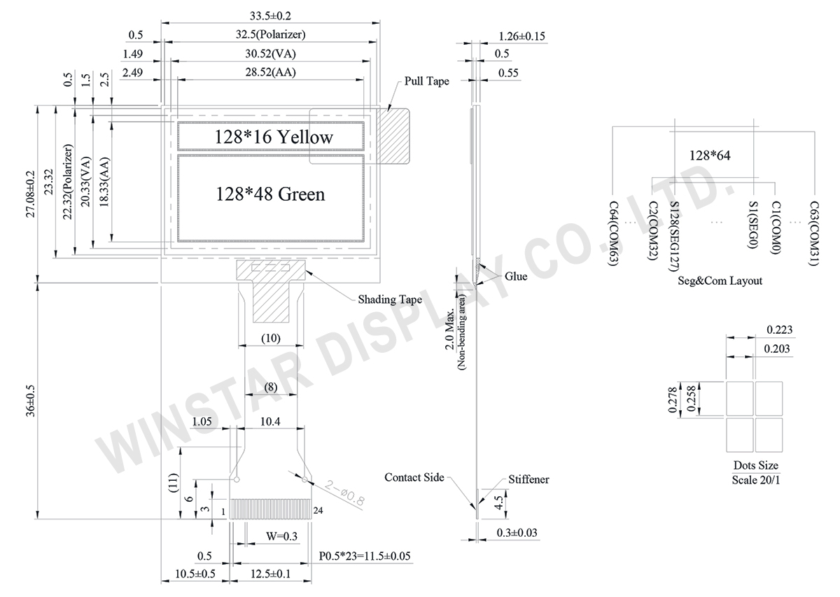 1.33-inch Green Yellow OLED Display, OLED Yellow, OLED Green, 128x64 Resolution - WEO012864ANX