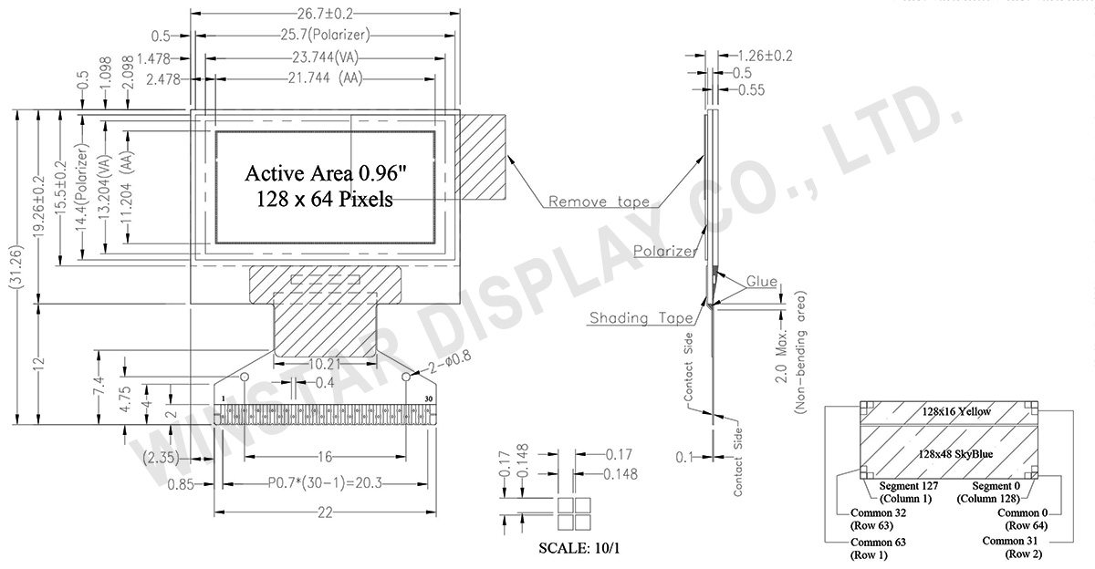 oled 0.96, color oled display, dual color oled display, graphic oled color display - WEO012864M