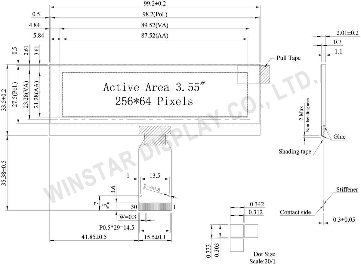 3.55 inch 256x64 COG OLED Display Support Grayscale - WEO025664D