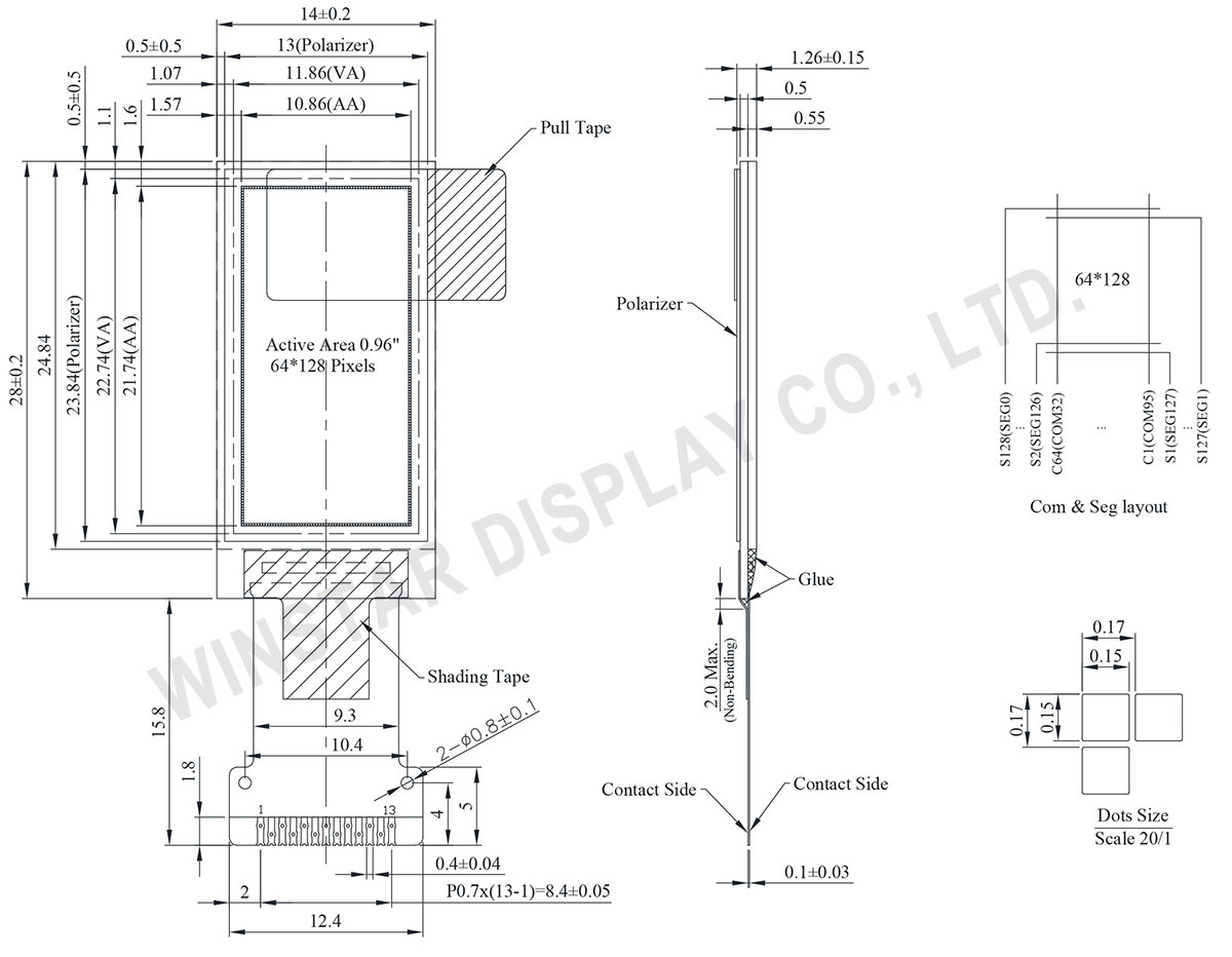 64x128 OLED Display, SH1107 OLED Display, OLED 64x128 - WEO064128A