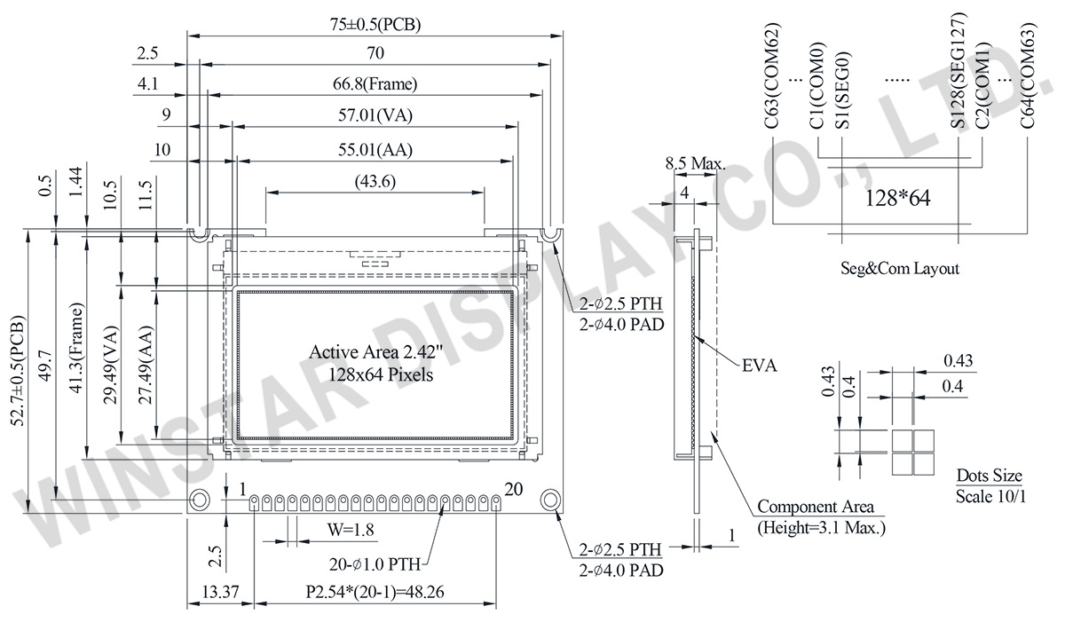 Winstar Display - 2.42 inch Graphic OLED 128x64 Display - WEP012864AJ-8080