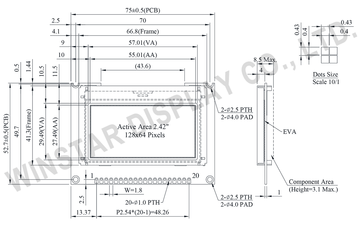 2.42-inch 128x64 Graphic OLED Display with PCB, supporting RS232 interface - WEP012864AJ(RS232)