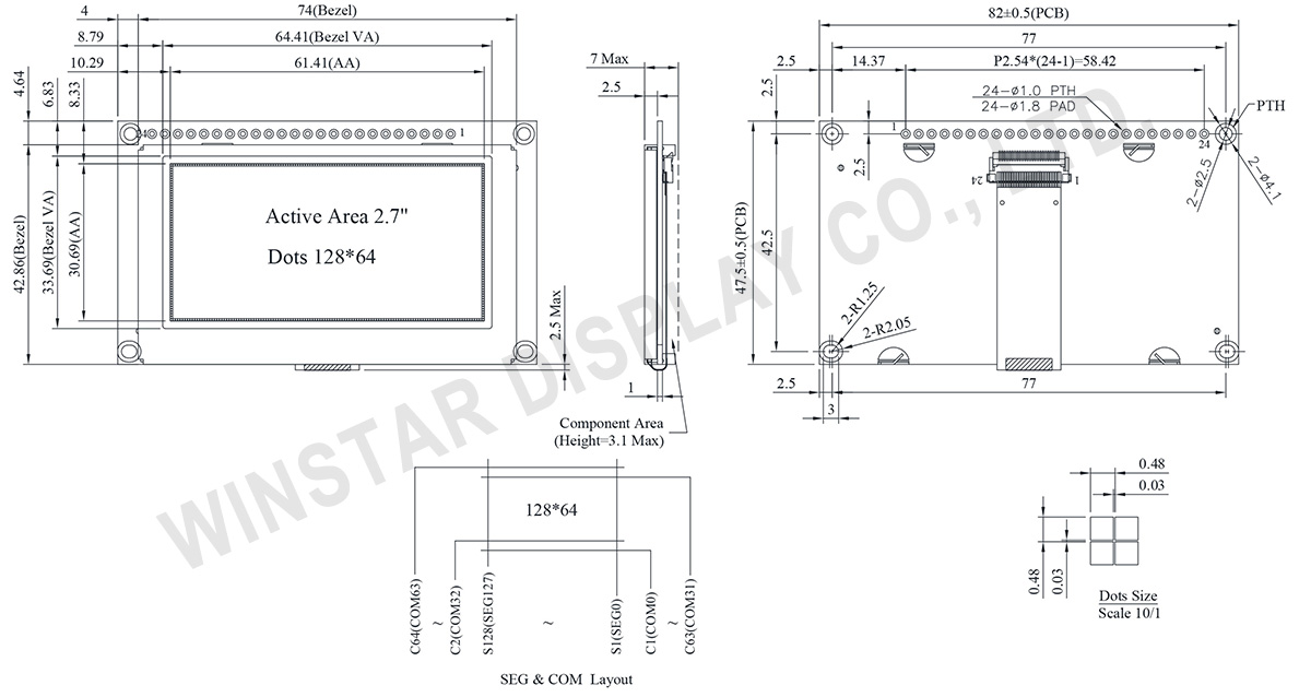 2.7-inch 128x64 COG OLED Display with PCB and Frame - WEP012864Q