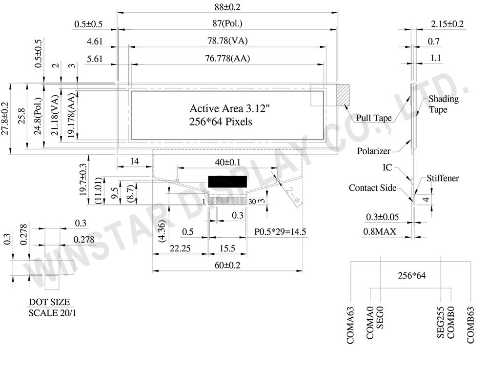 WEX025664B - OLED 256x64, 3.12 inch OLED Display Drawing