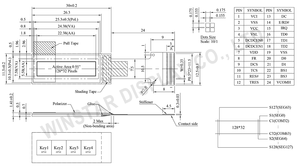 0.91 inch 128x32 In-Cell Touch Panel OLED Display, In-Cell Display - WEO012832M-CTP