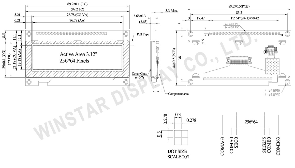 3.12 inch 256x64 COF Touch OLED Display with PCB +Frame - WEN025664B-CTP