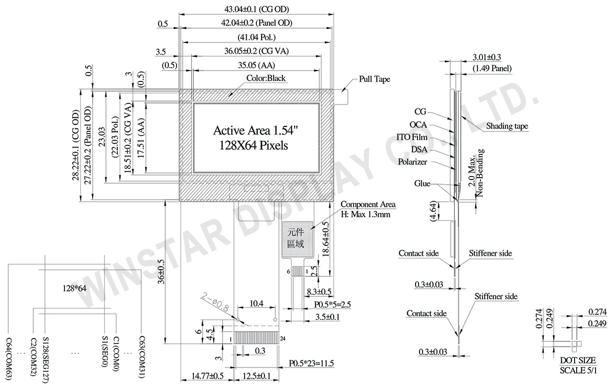 128x64 Optical Bonding OLED Touch Display, Air Bonding OLED Touch Display - WEO012864A-CTP