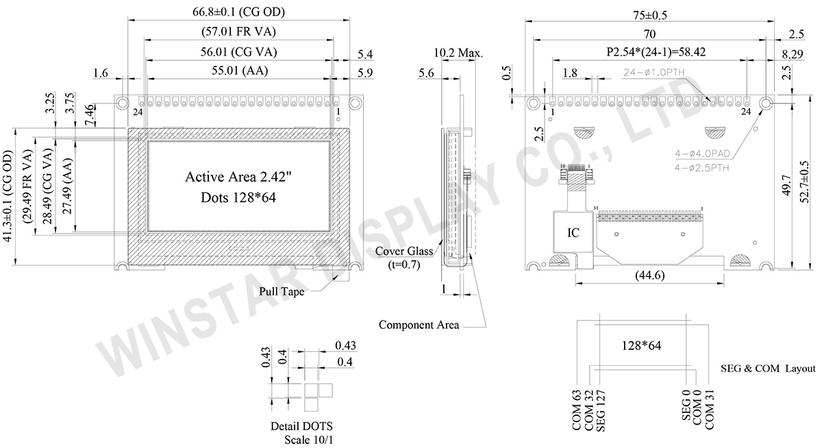 12864, 2.42 inch OLED Display Module with Capacitive Touch Panel - WEO012864J-CTP