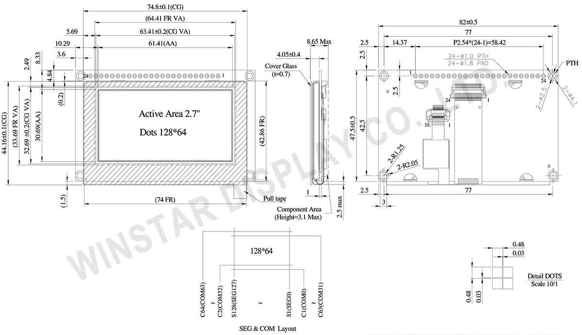 2.7 inch 128x64 COG Capacitive Touch OLED Display with Frame +PCB - WEP012864Q-CTP