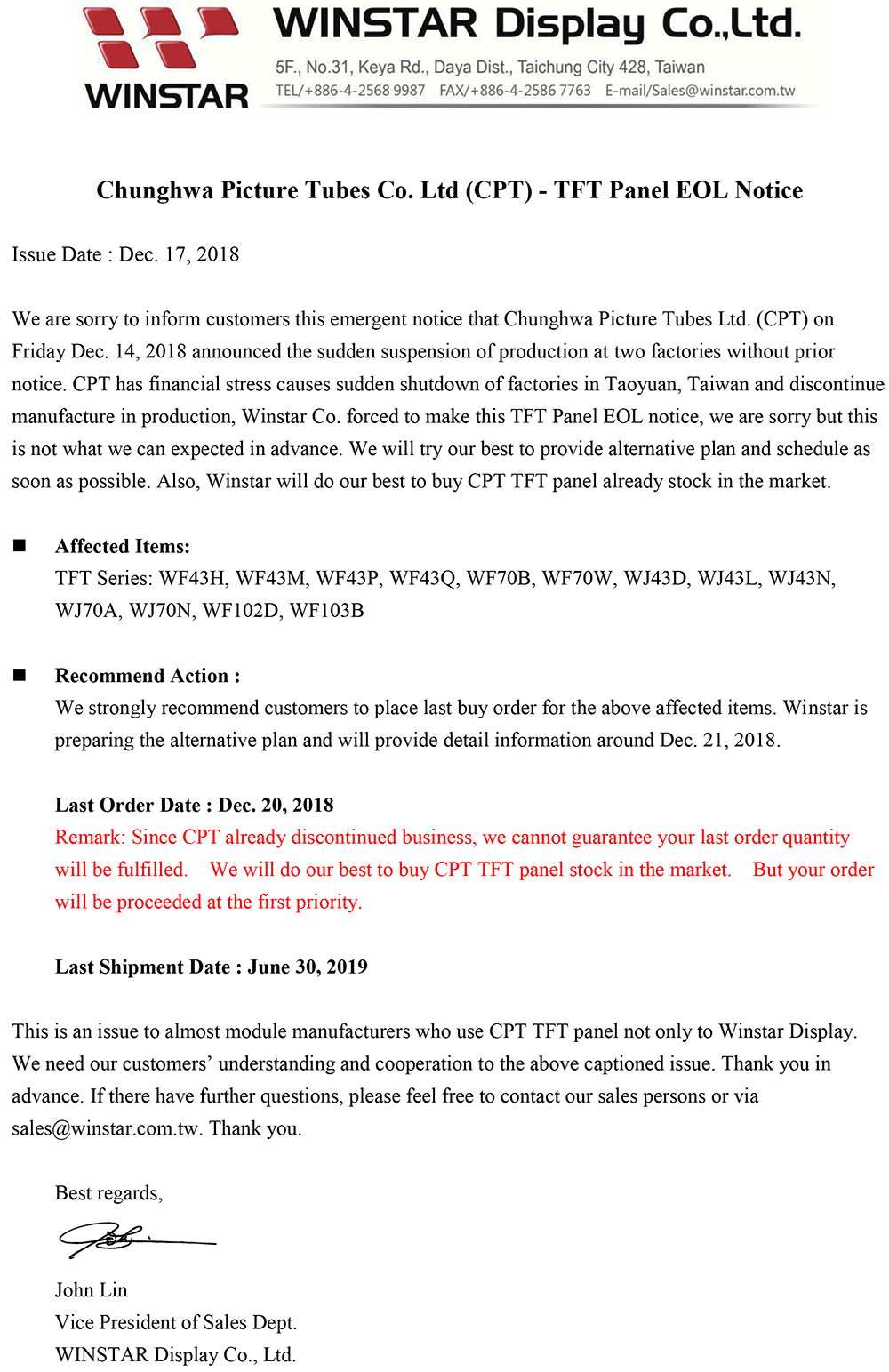 Chunghwa Picture Tubes Co. Ltd (CPT) - TFT Panel EOL Notice