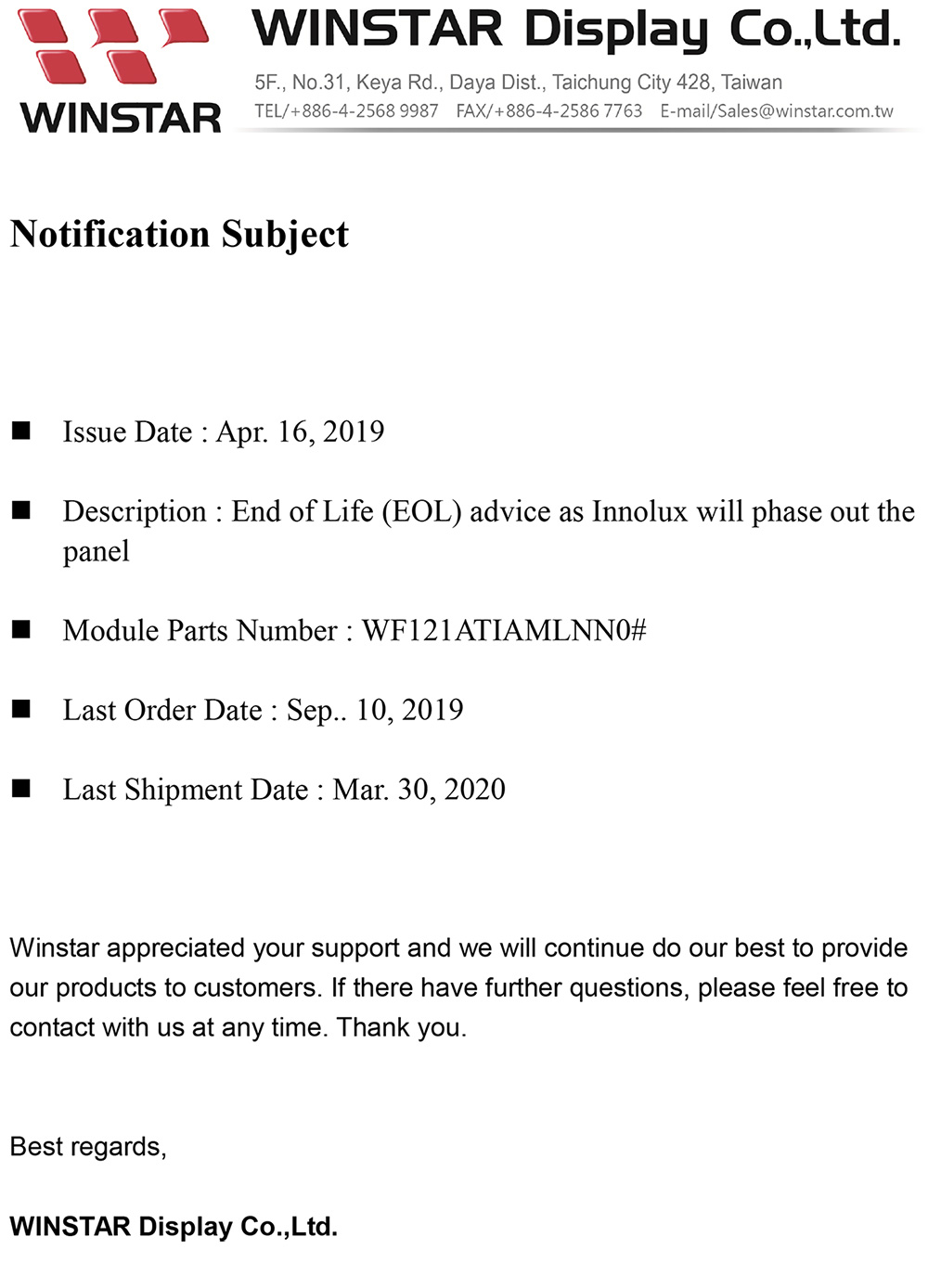 End of Life (EOL) advice as Innolux will phase out the panel - WF121A