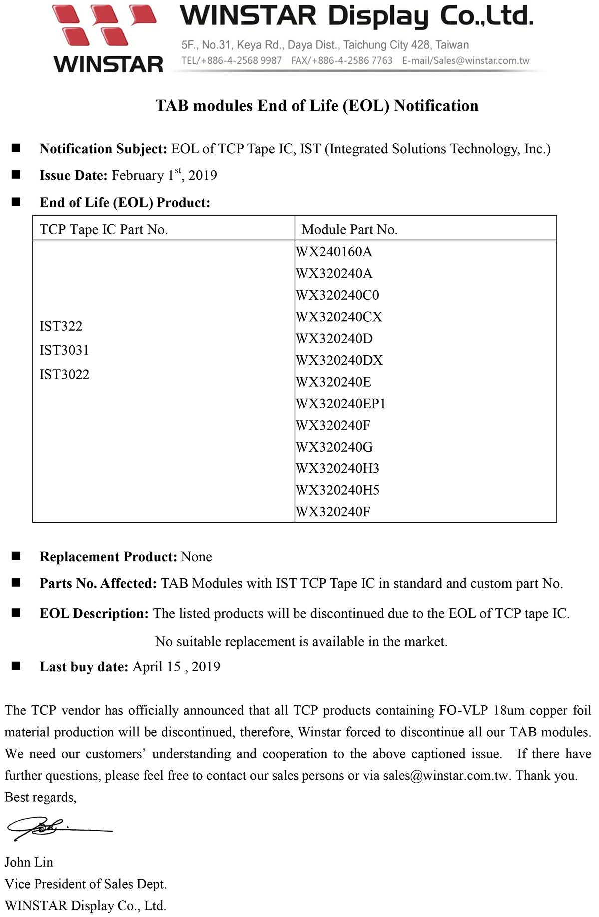 TAB modules End of Life (EOL) Notification