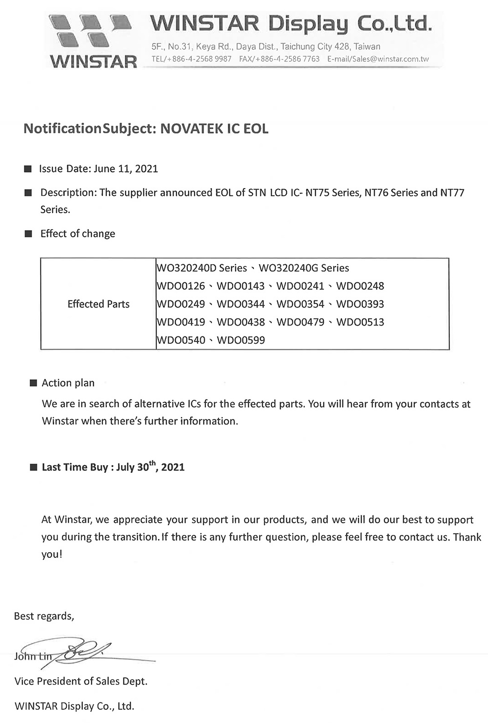 The supplier inform that STN LCD IC NT75/NT76/NT77 Series EOL issue