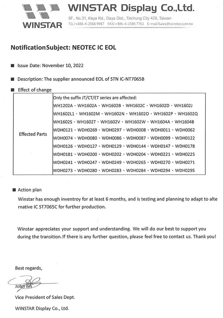 The supplier announced EOL of STN IC-NT7065B