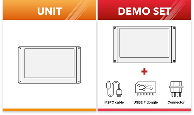 We also provide demo set with all needed accessories for you to realize your GUI design on displays.
