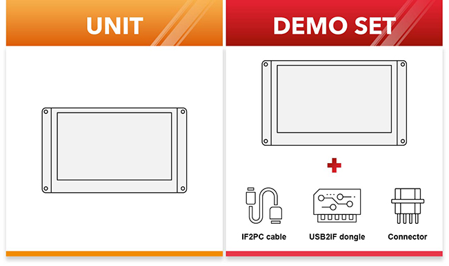 Também fornecemos um conjunto de demonstração com todos os acessórios necessários para você realizar seu design de GUI nos displays. 