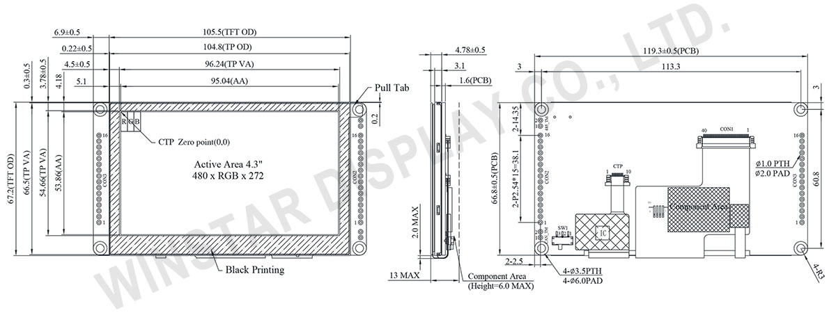 Smart Display 4.3 inch CAN Bus TFT with Projected Capacitive Touch (Custom CAN ID + GPIO), CAN Display - WL0F00043000WGAACSA00