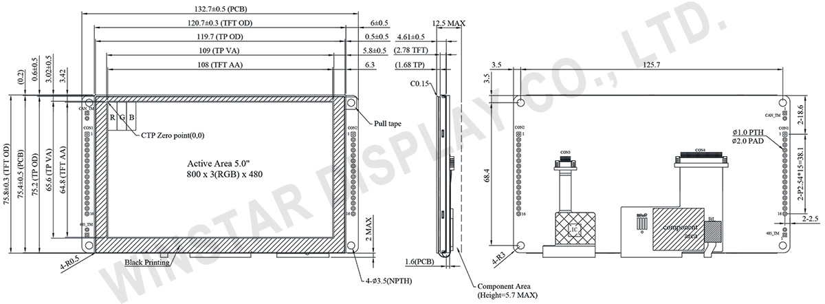 5 inch CAN Bus TFT Display with Projected Capacitive Touch - WL0F00050000FGAACSA00