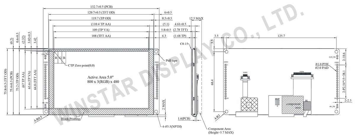 5 inch CAN Bus 800x480 TFT Display with Projected Capacitive Panel - WL0F00050000FGAADSA00