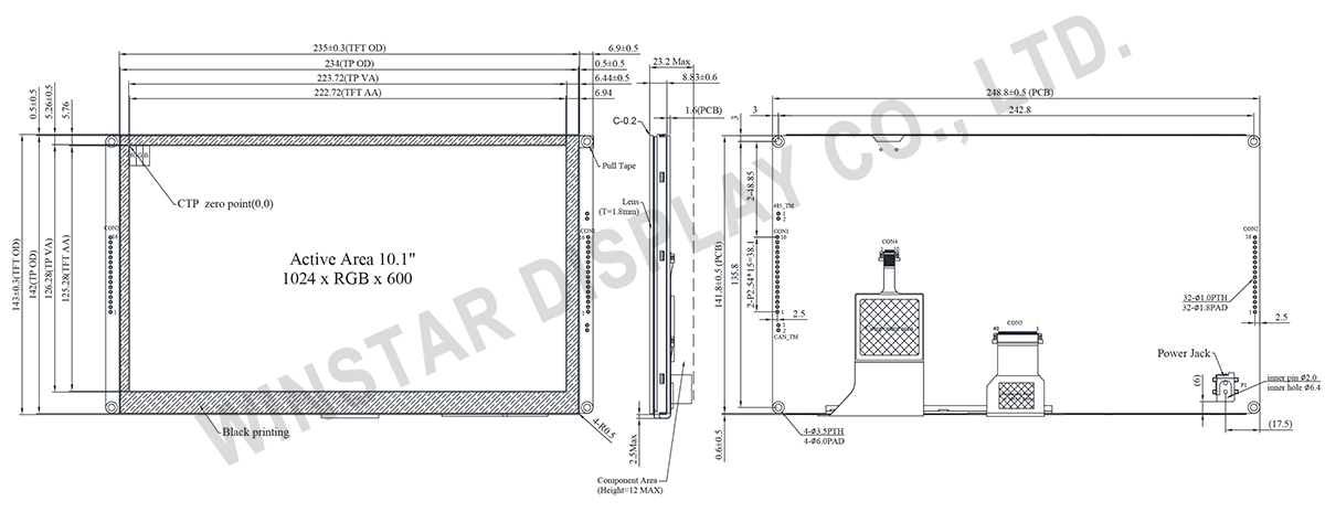 10.1 inch CAN Bus 1024×600 TFT Display with PCAP - WL0F00101000JGAACSA00