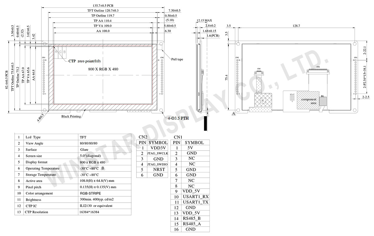 5 inch RS485 Modbus TFT Smart Display with Projected Capacitive Touch - WL0F00050000FGDAASA00