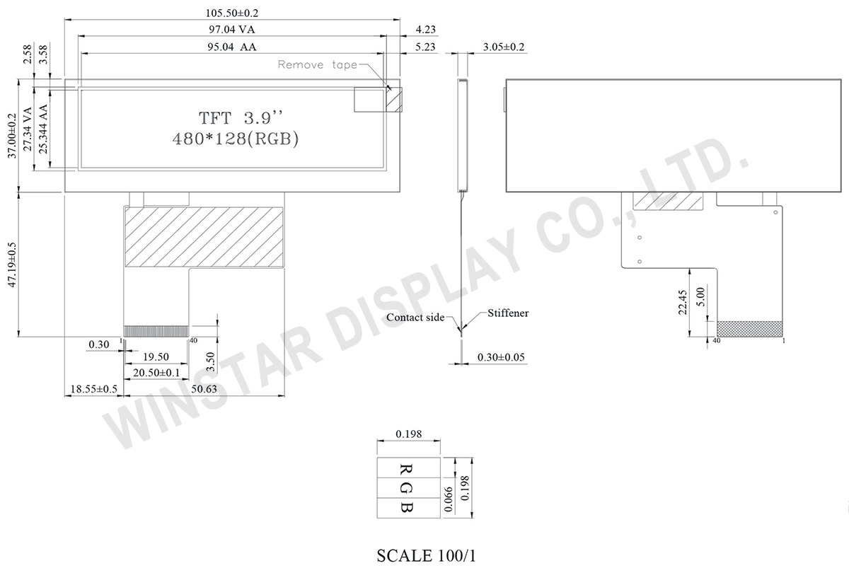 Stretched Bar LCD Display 3.9" with High Brightness & Wide Temperature - WF39BSQASDNN0