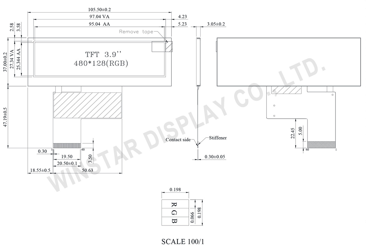 Winstar 3.9” O-Film Wide Temperature Bar TFT - WF39BTZASDNN0