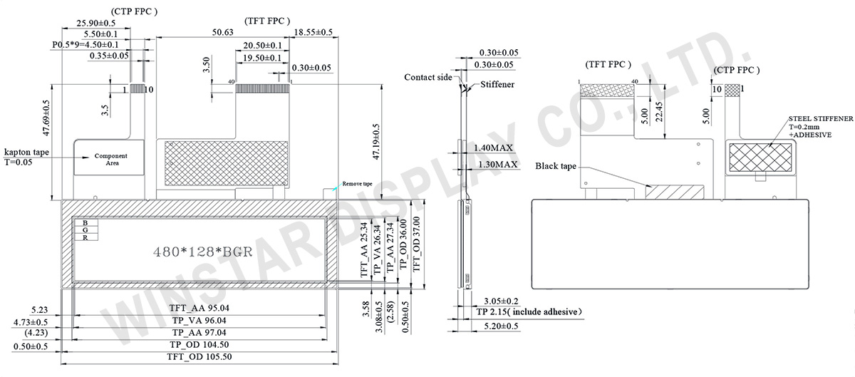 3.9" 480x128 Top View Direction Stretched PCAP TFT LCD Display - WF39CTIASDNG0