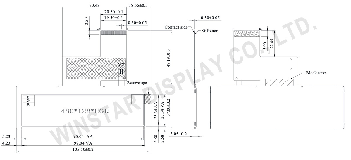 3.9" 480x128 Top View Direction Stretched Bar TFT LCD Display - WF39CTIASDNN0