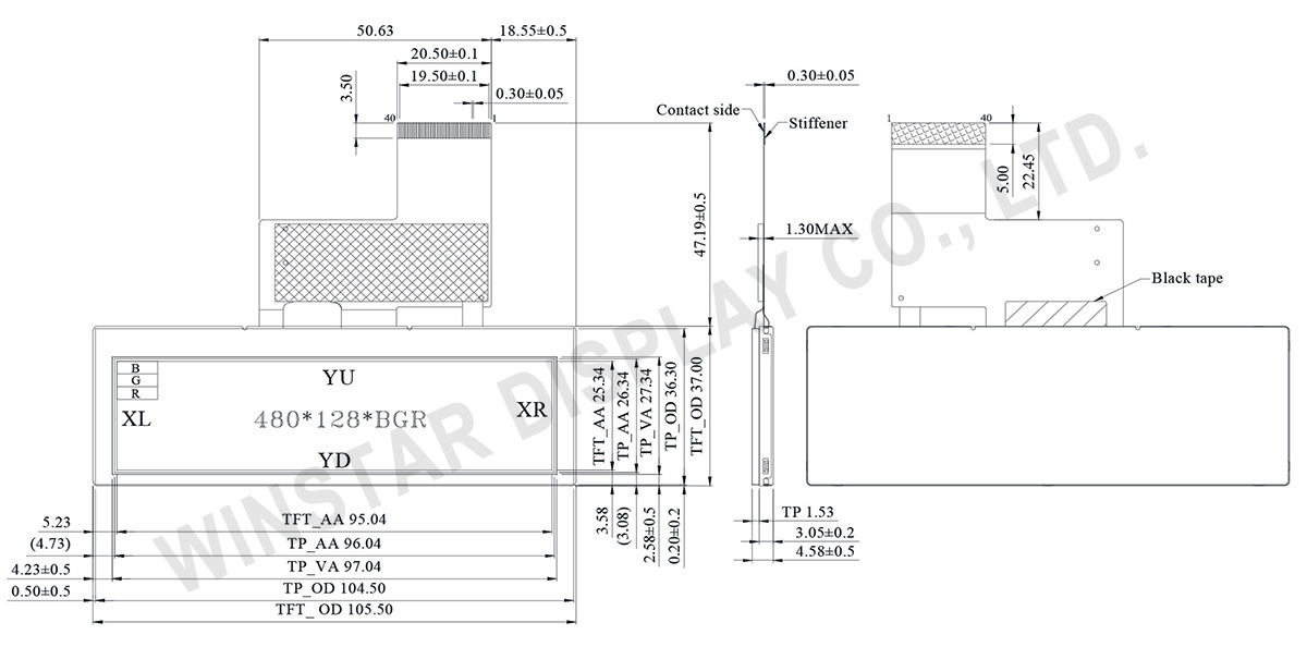 3.9" 480x128 Top View Direction Stretched RTP TFT LCD - WF39CTIASDNT0