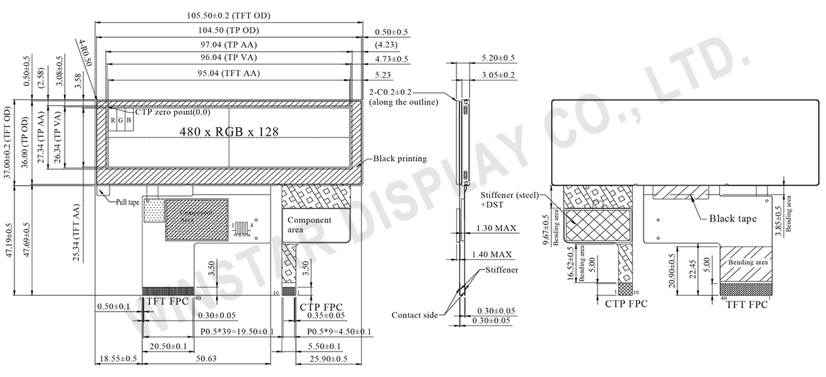 3.9 High Brightness, Wide Temperature 480x128 IPS TFT Display with PCAP - WF39ESWASDNG0