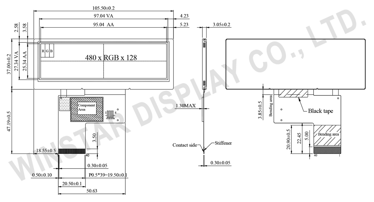 3.9 High Brightness, Wide Temperature 480x128 IPS TFT Display - WF39ESWASDNN0