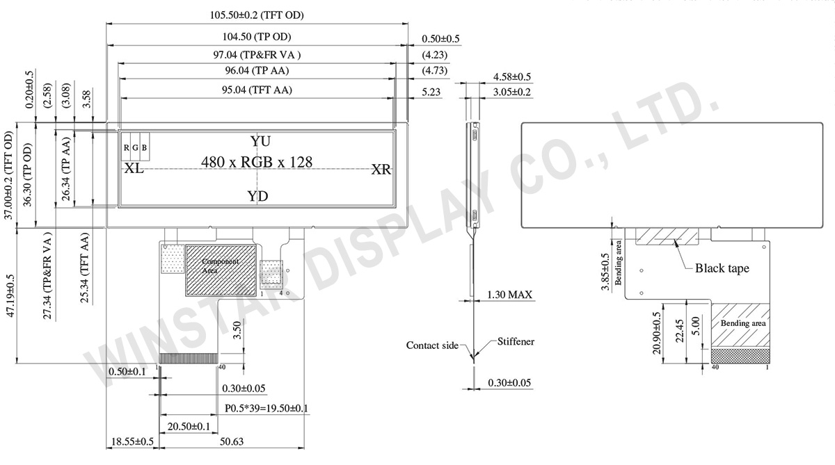 3.9 High Brightness, Wide Temperature 480x128 IPS TFT Display with RTP - WF39ESWASDNT0