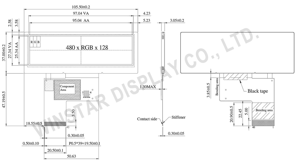 3.9 480x128 Stretched Bar TFT LCD Display - WF39ETWASDNN0