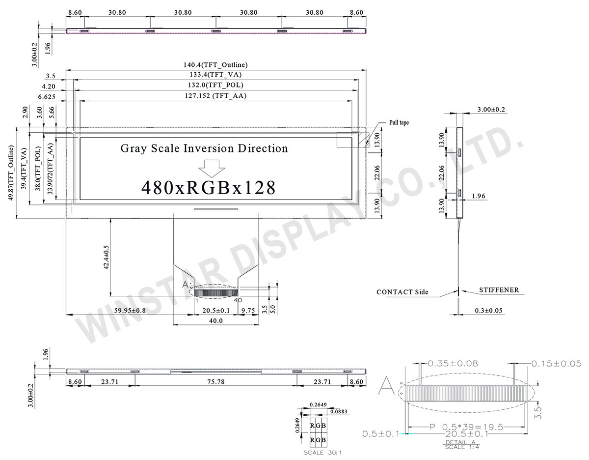 5.2" Bar Type Wide LCD Display, Widescreen TFT LCD, Wide Display - WF52ATZASDNN0